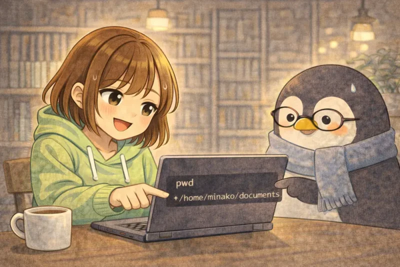 pwd コマンドの使い方を4コマ漫画でやさしく解説 | UNIX Cafe ここだったんだ!?