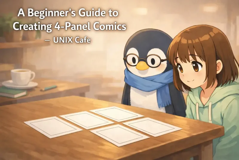 生成AIとターミナルで4コマ漫画を作る方法を紹介するUNIX Cafeの制作ガイド