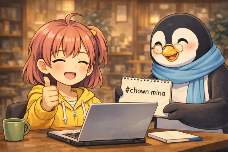 chown,Linux初心者,chown 使い方,ファイルの持ち主,Linux 権限,chmod 次,UNIX Cafe,4コマ漫画,Linux 学習,ターミナル入門
