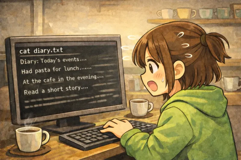 cat と less コマンドの使い方を4コマ漫画でやさしく解説 | UNIX Cafe 一気に見る cat、ゆっくり読む less