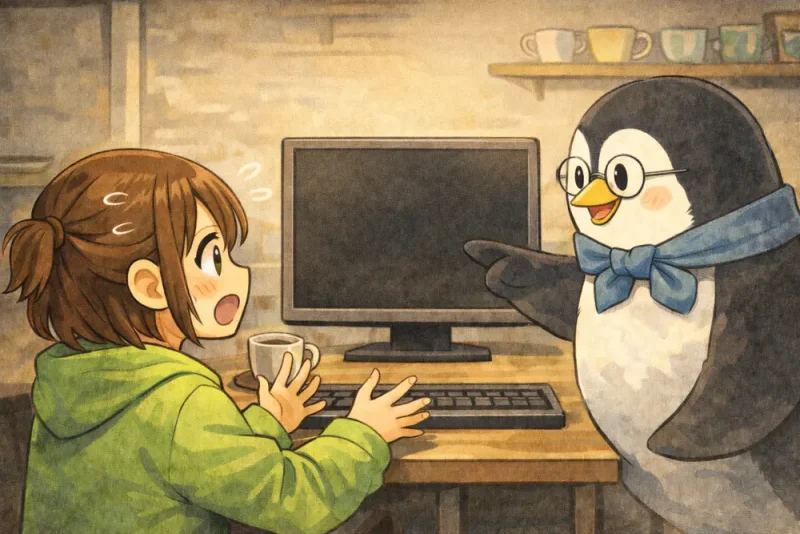 cat と less コマンドの使い方を4コマ漫画でやさしく解説 | UNIX Cafe 一気に見る cat、ゆっくり読む less