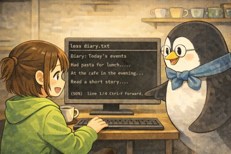 cat と less コマンドの使い方を4コマ漫画でやさしく解説 | UNIX Cafe 一気に見る cat、ゆっくり読む less