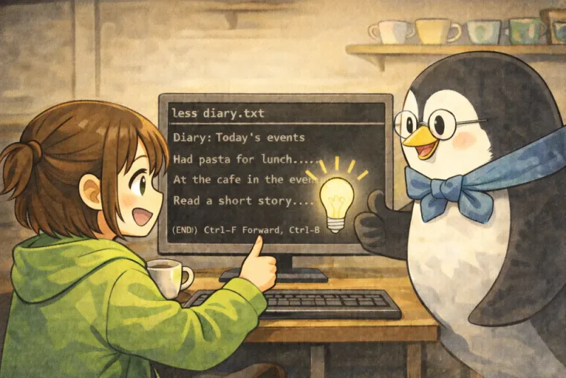 cat と less コマンドの使い方を4コマ漫画でやさしく解説 | UNIX Cafe 一気に見る cat、ゆっくり読む less