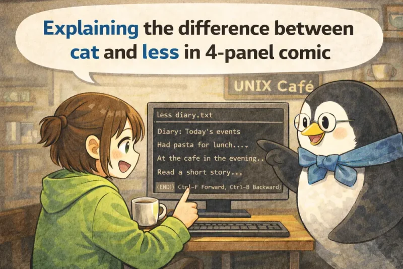 cat と less コマンドの使い方を4コマ漫画でやさしく解説 | UNIX Cafe