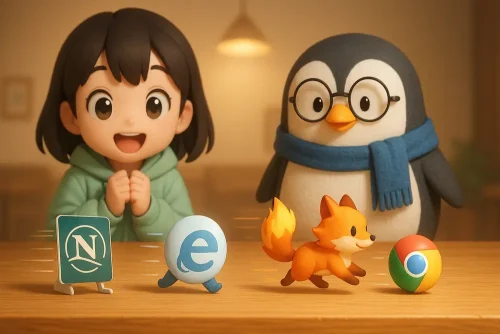 ブラウザ戦争をイメージしたUNIX Cafeのイラスト（IEとNetscapeを象徴するふたつの窓）