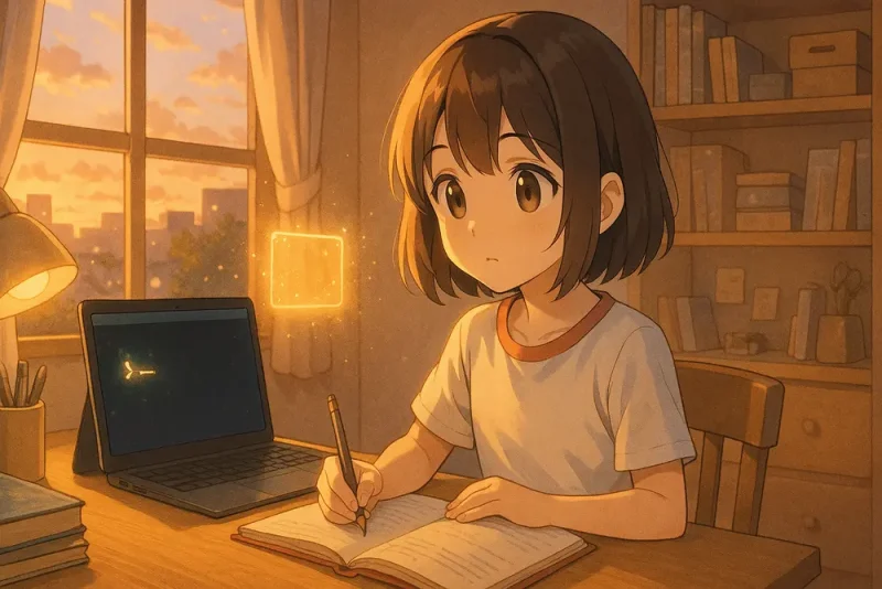 「真っ白なメモリーに、小さなコードを描いた日」放課後のにぎやかな世界の中で、ミナちゃんが静かなUNIX端末に向かう様子のイラスト