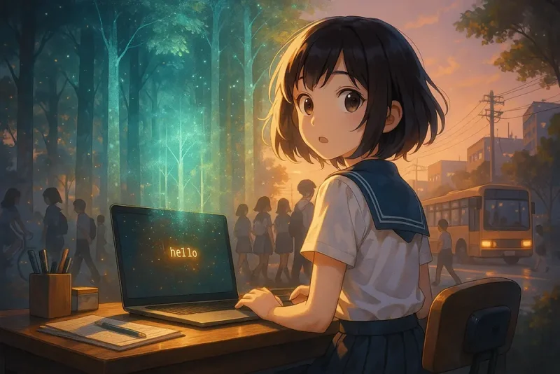 ターミナル画面の光に気づいたミナちゃんが振り返り、背後に淡く透けた“デジタルの森”が現れる幻想的なイラスト