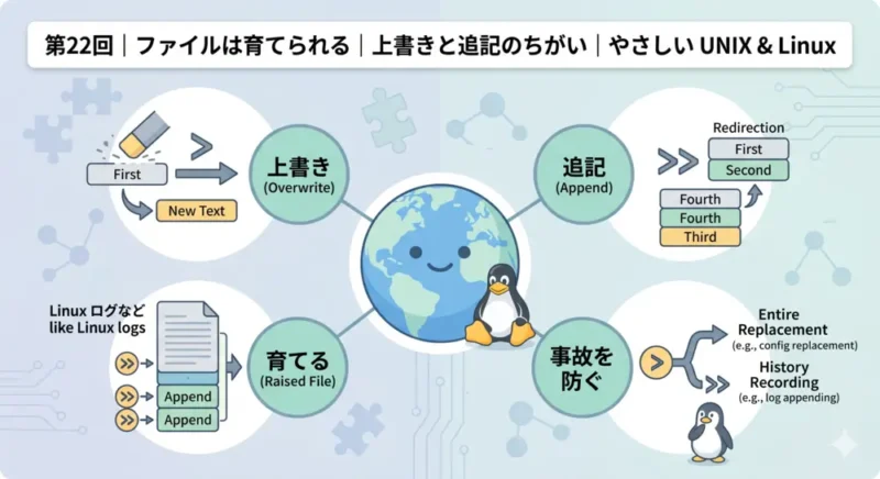 第22回｜ファイルは育てられる | 上書きと追記のちがい｜やさしい UNIX & Linux