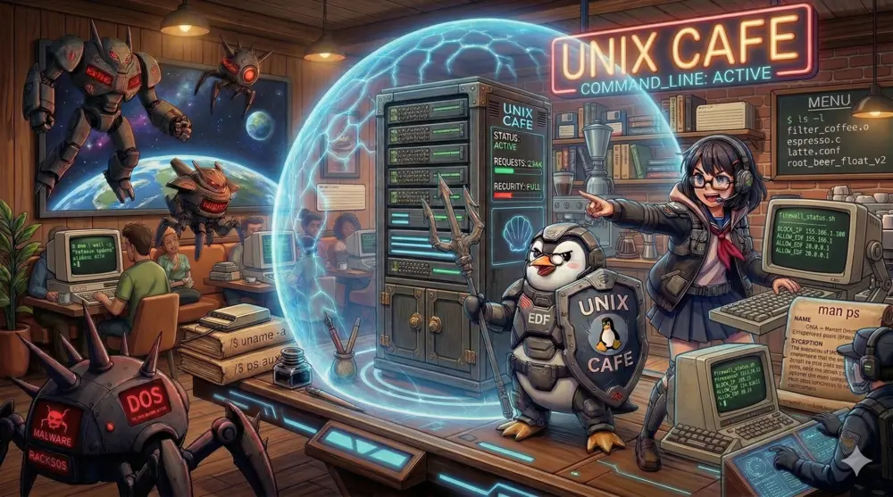 UNIX CAFEのネオン看板の下で、マルウェアやDoS攻撃のBotを撃退するオペレーターと重装甲のペンギン