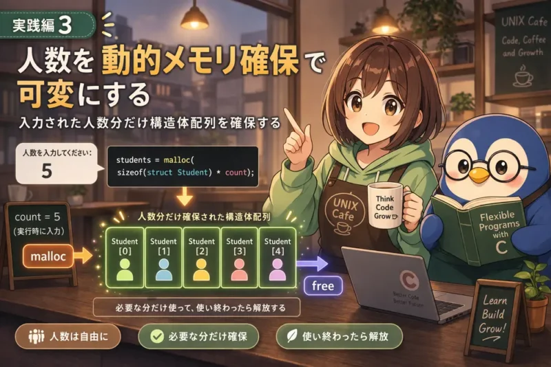 実践編3｜C言語で人数を動的メモリ確保で可変にする：入力された人数分だけ構造体配列を確保する
