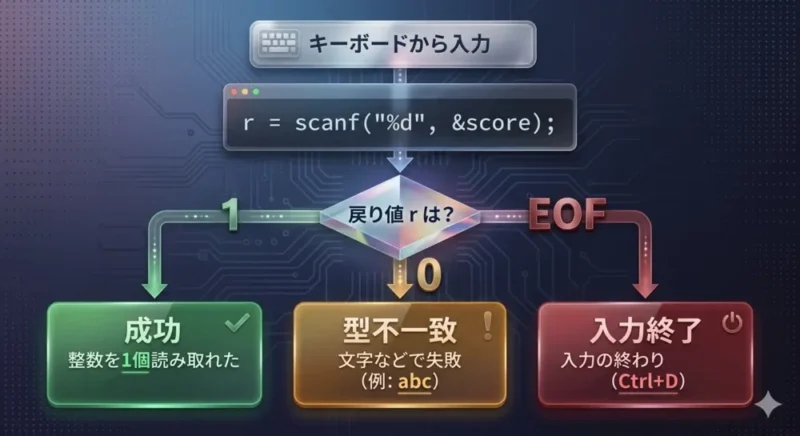 C言語 scanf の戻り値とエラー処理｜入力失敗(0/EOF)を検出し安全に再入力する | 実践編1｜ UNIX Cafe
scanf の戻り値の意味（1・0・EOF の違い）