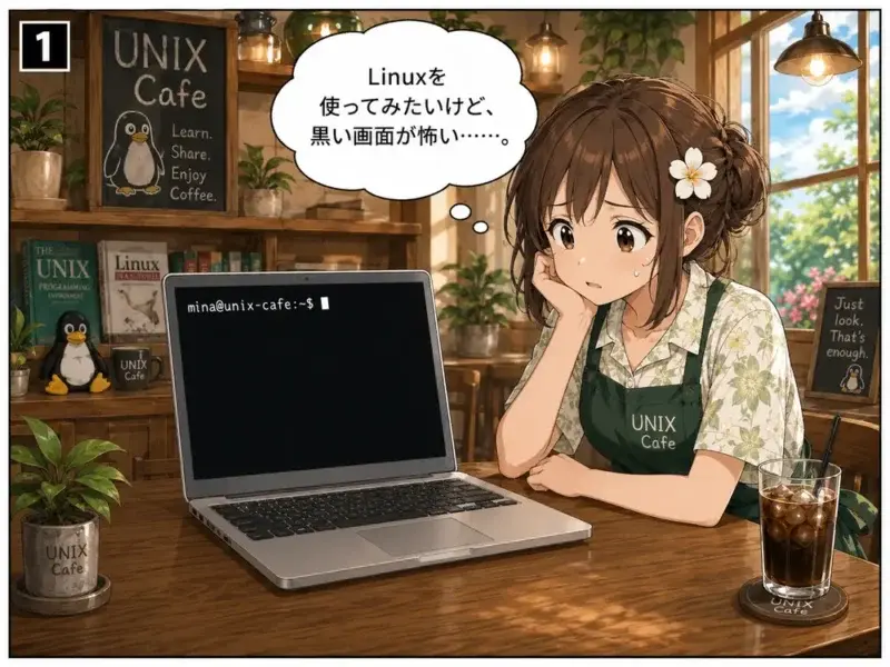 マンガLPの作り方を事例で解説 | 1コマ目: 黒い画面の前で固まる