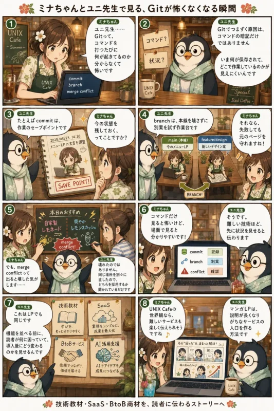 マンガLPで技術教材やSaaS、BtoB商材をわかりやすく伝える方法を、Git初心者向けのcommit・branch・merge conflictの例で解説する8コマ漫画