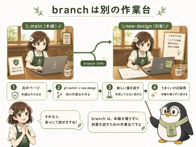 Gitのbranchを別の作業台にたとえ、マンガLPで難しい技術内容を初心者にもわかりやすく伝える解説画像