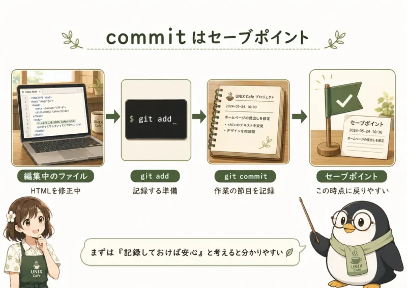 Git初心者向けにcommitの意味をセーブポイントのイメージで解説し、マンガLPで難しい技術内容を伝える方法を示す画像
