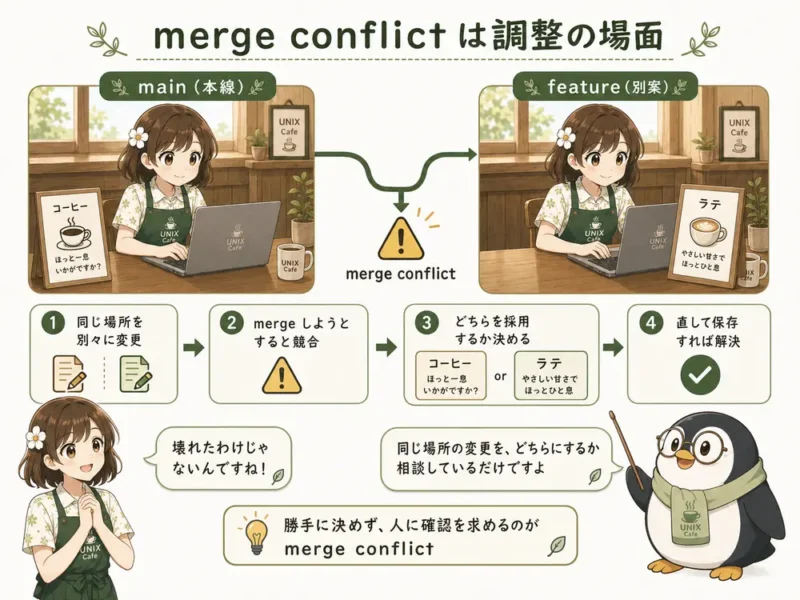 Gitのmerge conflictを調整の場面にたとえ、マンガLPで難しい技術内容を初心者にもわかりやすく伝える解説画像