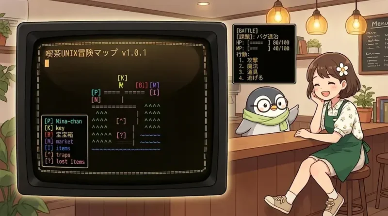 C言語ターミナルタイピングRPG「クムドール・クロニクル」v1.0.1|道中マップとバトル画面の遊びやすさを改善 | UNIX Cafe
