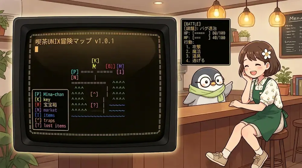 C言語ターミナルタイピングRPG「クムドール・クロニクル」v1.0.1｜道中マップとバトル画面の遊びやすさを改善 | UNIX Cafe