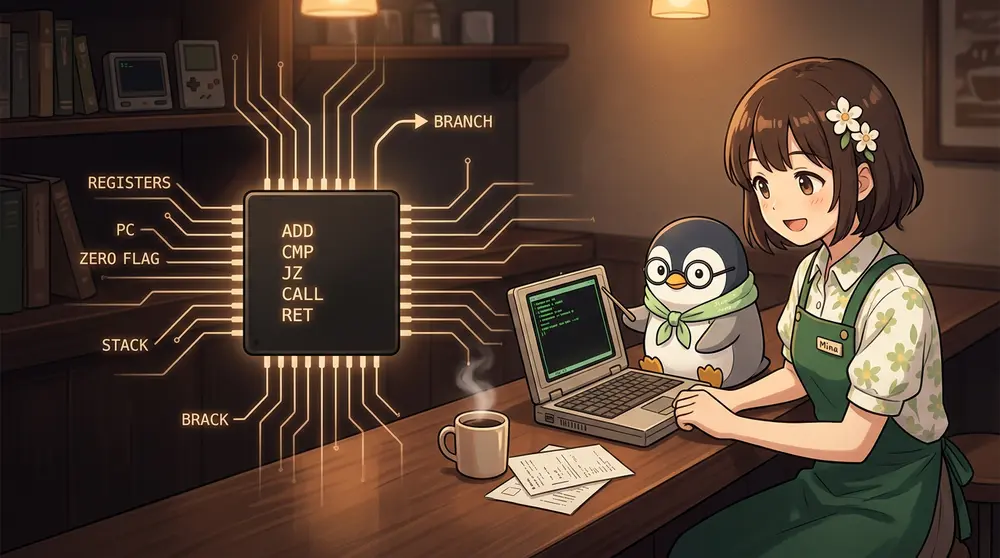 C言語で作る小さな自作仮想マシンの技術記事用アイキャッチ。黒に近い落ち着いた背景、中央にシンプルなCPUチップ、周囲にレジスタ、PC、zero flag、スタック、分岐矢印を表す小さな発光ライン。画面内にコード風の短い文字列「ADD」「CMP」「JZ」「CALL」「RET」が控えめに表示されている。レトロな低レイヤ開発の雰囲気。 COFFEE & CODE のテキストはなし。 小さな喫茶店の一角。 warm brown の木製カウンター、 soft amber lighting の落ち着いた照明。 初心者向けで親しみやすく、 知的で静かな空気感。 少しレトロな UNIX の雰囲気。 背景に人物は無し。 写真とイラストの中間の上品なビジュアル。 軽いアニメ調。 リアルすぎない。 構図はシンプルで、 主題が一目で分かる。 横長16:9 キャラクターの特徴は、次のとおりです。 ミナちゃんは、白と淡いグリーンの花柄シャツ、深いグリーンのカフェエプロン、ショートパンツ、髪に白い花飾り。 ユニ先生は、丸メガネをかけた可愛いペンギン先生のマスコット。淡いグリーン系の薄い夏用ストールを身につけている。
