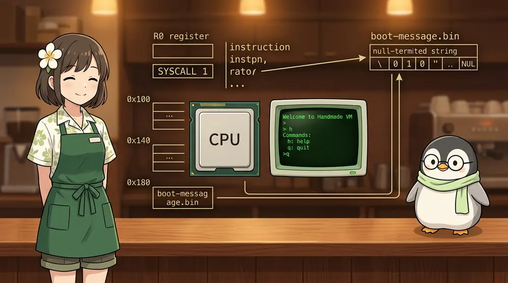 【低レイヤ入門】C言語で作る自作VMを少しOSらしくする: Welcome表示とhelp/qコマンド | UNIX Cafe