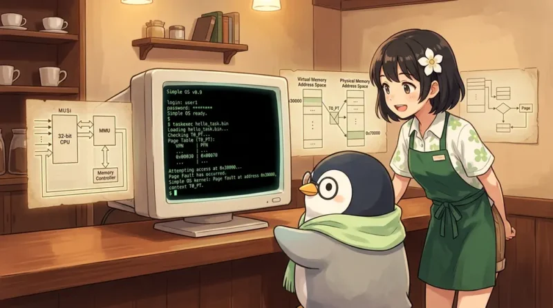 レトロな黒背景のUNIXターミナル画面を中心にしたブログ用アイキャッチ画像。画面には Simple OS のプロンプト、`taskexec hello_task.bin`、`T0_PT`、ページテーブル、論理アドレス `0x30000` から物理アドレス `0x70000` への変換、`Page Fault has occurred.` の文字が表示されている。周囲に32bit CPUエミュレータ、メモリマップ、仮想メモリの概念を示す控えめな技術図を配置する。 テキストはなし。 小さな喫茶店の一角。 warm brown の木製カウンター、 soft amber lighting の落ち着いた照明。 初心者向けで親しみやすく、 知的で静かな空気感。 少しレトロな UNIX の雰囲気。 背景に人物は無し。 写真とイラストの中間の上品なビジュアル。 軽いアニメ調。 リアルすぎない。 構図はシンプルで、 主題が一目で分かる。 横長16:9 キャラクターの特徴は、次のとおりです。 ミナちゃんは、白と淡いグリーンの花柄シャツ、深いグリーンのカフェエプロン、ショートパンツ、髪に白い花飾り。 ユニ先生は、丸メガネをかけた可愛いペンギン先生。淡いグリーン系の薄い夏用ストールを身につけている。