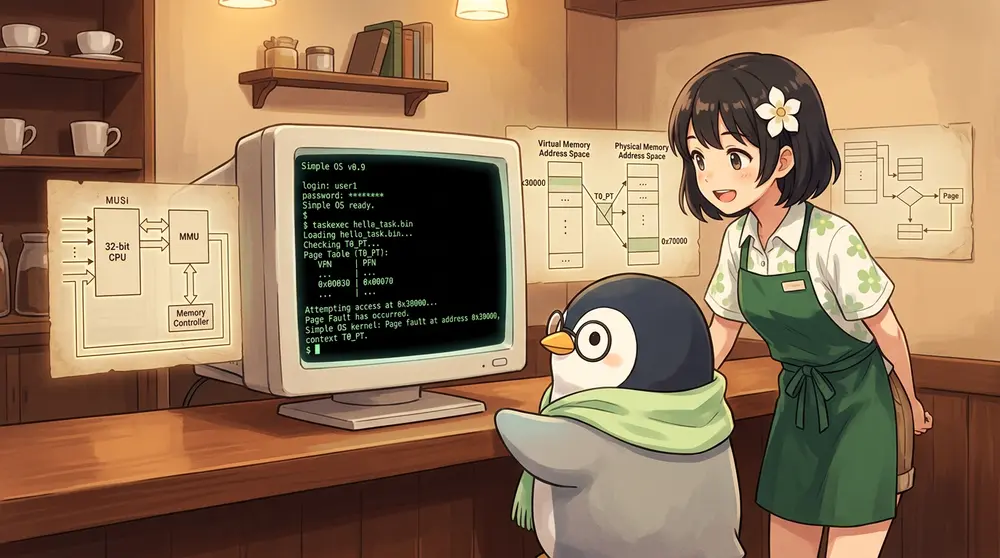 レトロな黒背景のUNIXターミナル画面を中心にしたブログ用アイキャッチ画像。画面には Simple OS のプロンプト、`taskexec hello_task.bin`、`T0_PT`、ページテーブル、論理アドレス `0x30000` から物理アドレス `0x70000` への変換、`Page Fault has occurred.` の文字が表示されている。周囲に32bit CPUエミュレータ、メモリマップ、仮想メモリの概念を示す控えめな技術図を配置する。 テキストはなし。 小さな喫茶店の一角。 warm brown の木製カウンター、 soft amber lighting の落ち着いた照明。 初心者向けで親しみやすく、 知的で静かな空気感。 少しレトロな UNIX の雰囲気。 背景に人物は無し。 写真とイラストの中間の上品なビジュアル。 軽いアニメ調。 リアルすぎない。 構図はシンプルで、 主題が一目で分かる。 横長16:9 キャラクターの特徴は、次のとおりです。 ミナちゃんは、白と淡いグリーンの花柄シャツ、深いグリーンのカフェエプロン、ショートパンツ、髪に白い花飾り。 ユニ先生は、丸メガネをかけた可愛いペンギン先生。淡いグリーン系の薄い夏用ストールを身につけている。